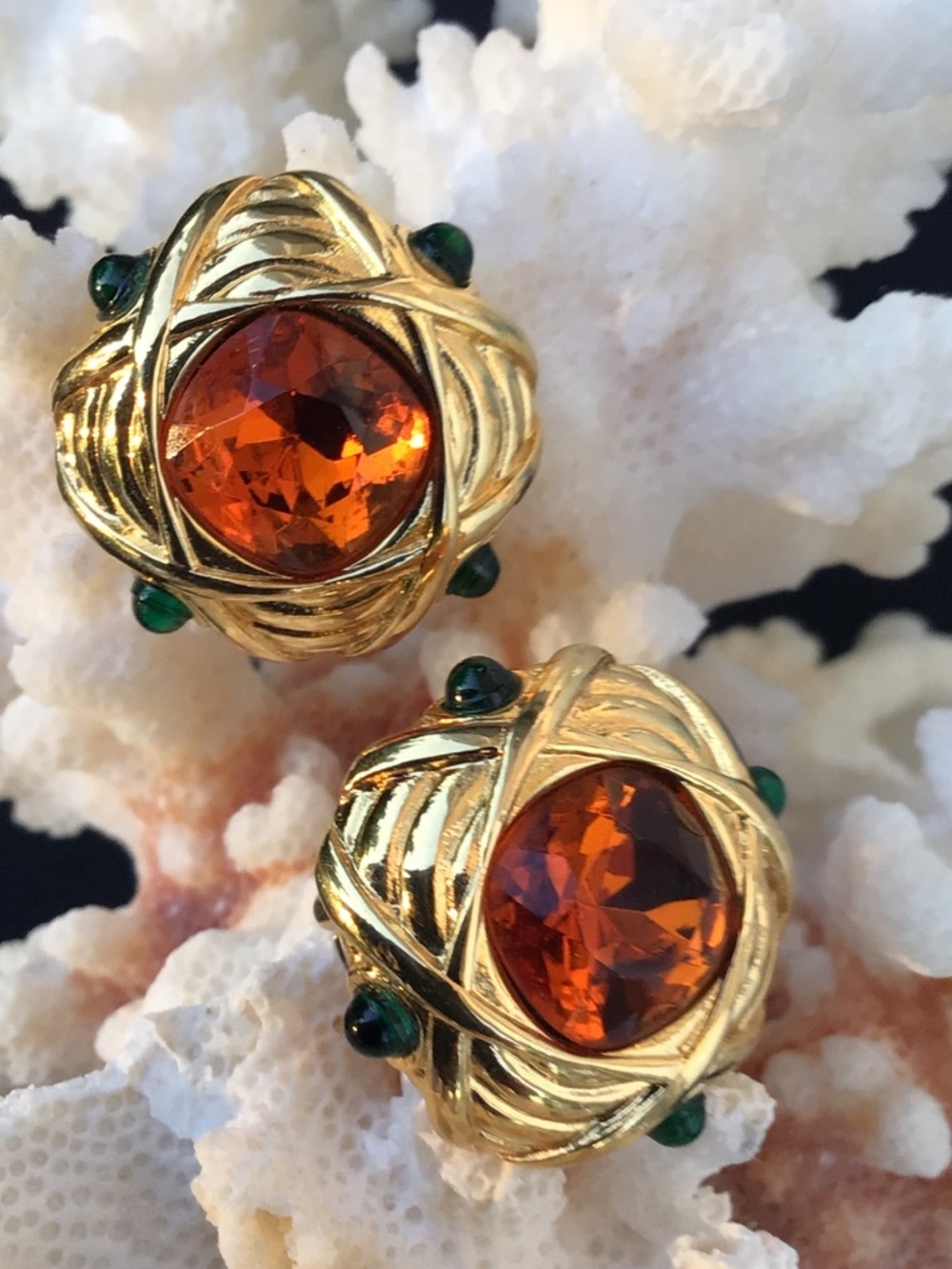 Vintage Nolan Miller Faux Topaz and Green Accents Button Clip On Earrings - Picture 3 of 16